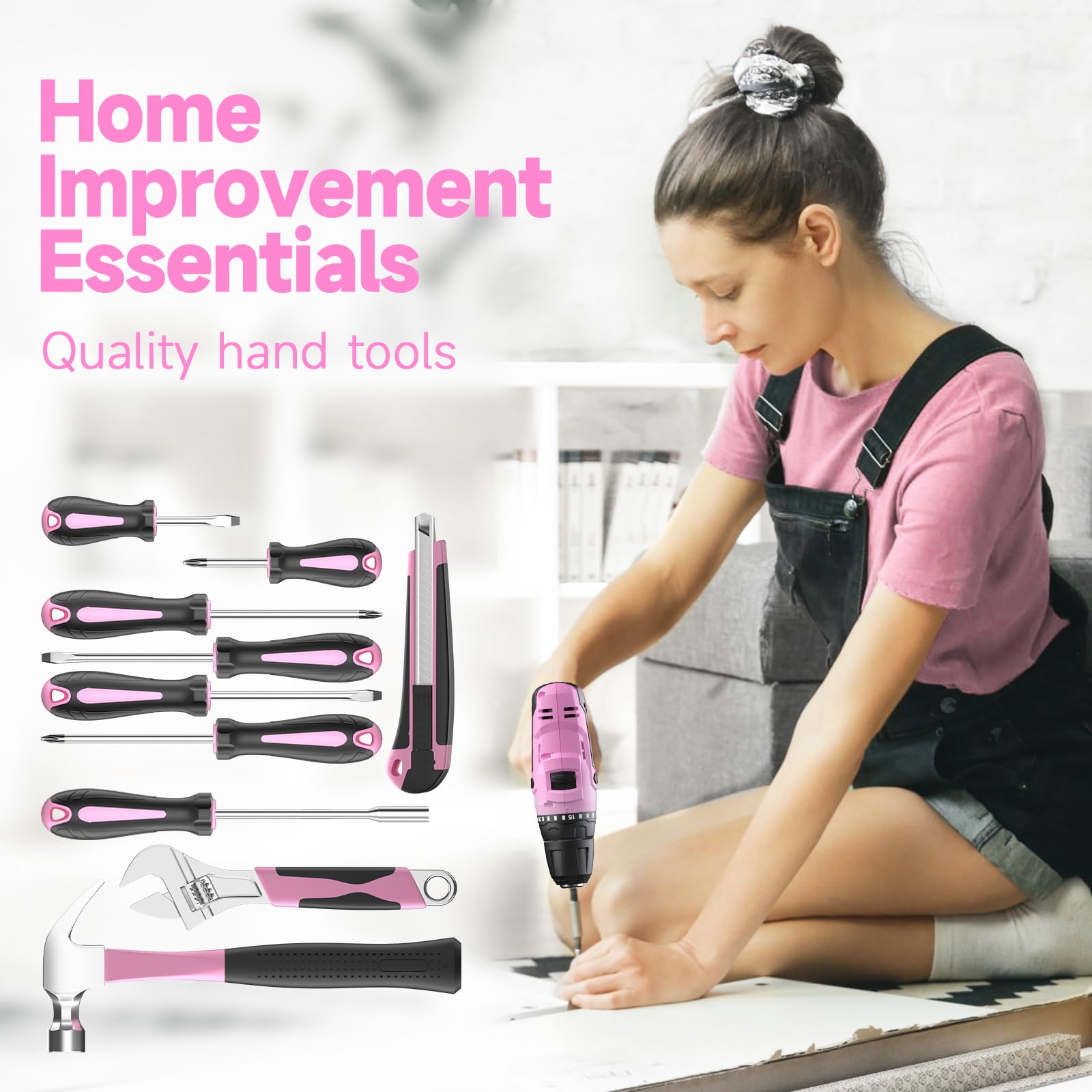 PULITUO 20V Cordless Pink Drill Tool Kit Set Power Drill Tool Box with Battery Electric Drill Driver 238-Piece Lady's Repairing Kit Toolbox Tools Sets