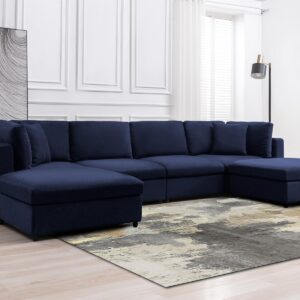 Mjkone 144'' Oversized U Shape Sectional Sofa Couch with Reversible Ottoman. 6 Pieces Modular Sofa Couch with 2 Free Cushions. Free Combination, Living Room Furniture, Deep Blue