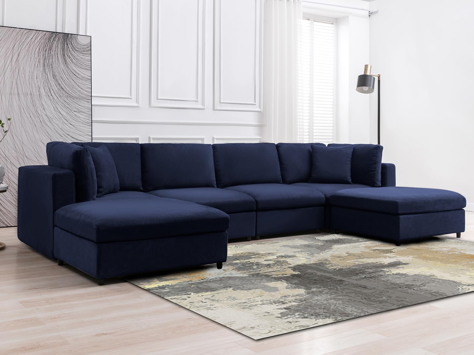 Mjkone 144'' Oversized U Shape Sectional Sofa Couch with Reversible Ottoman. 6 Pieces Modular Sofa Couch with 2 Free Cushions. Free Combination, Living Room Furniture, Deep Blue