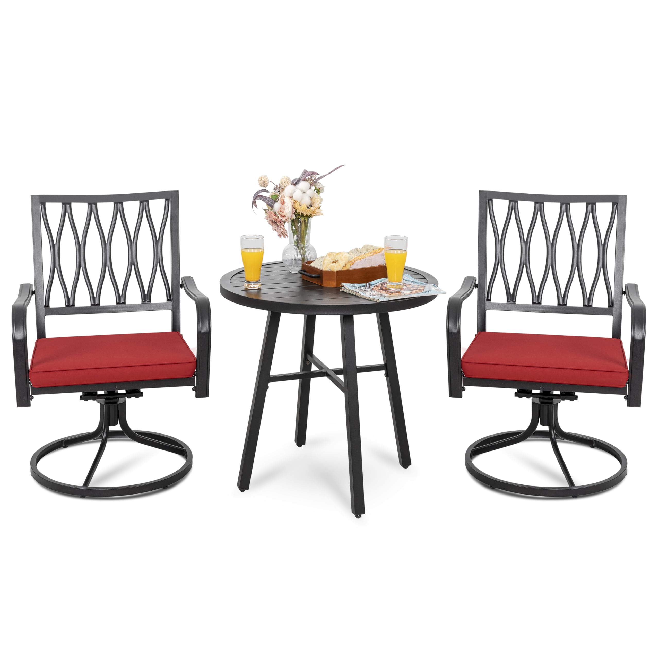 NUU GARDEN 3 Pieces Swivel Rocker Patio Bistro Set Outdoor Furniture Porch Cushioned Swivel Rocker Chairs Conversation Sets with Round Iron Coffee Table,Black&Red