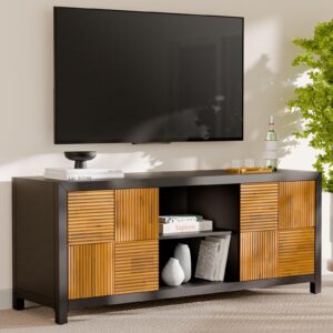 bme solid wood fluted tv stand, fully assembled tv media console, craft to last entertainment center with soft close door & adjustable storage space, spacious & unique entertainment stand