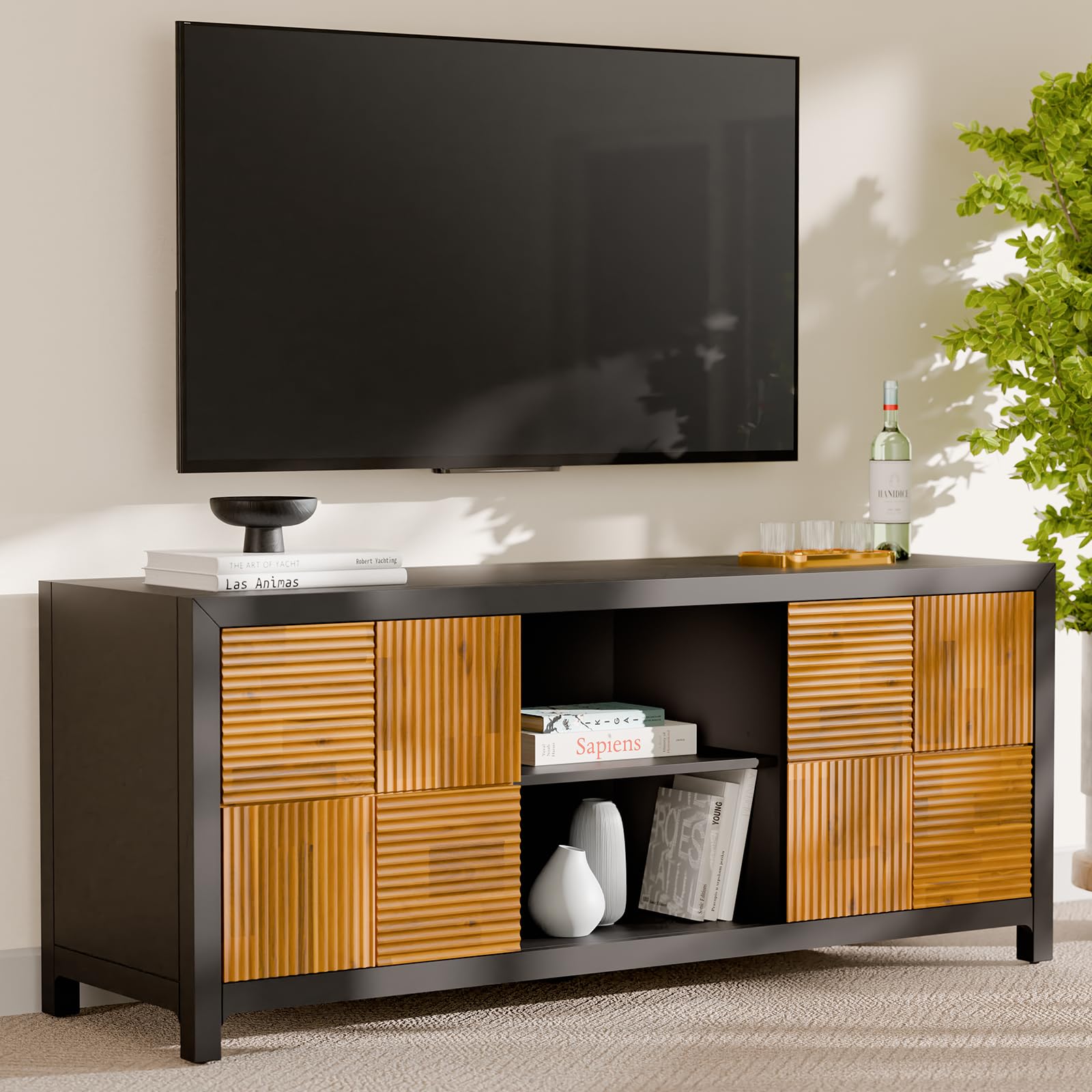 Bme Solid Wood Fluted TV Stand, Fully Assembled TV Media Console, Craft to Last Entertainment Center with Soft Close Door & Adjustable Storage Space, Spacious & Unique Entertainment Stand