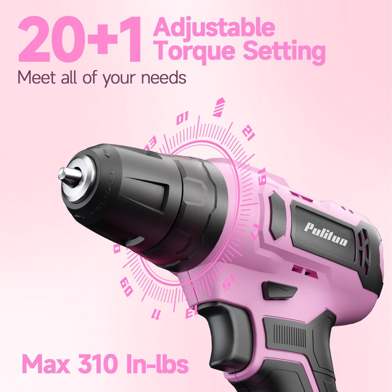 PULITUO 20V Cordless Pink Drill Tool Kit Set Power Drill Tool Box with Battery Electric Drill Driver 238-Piece Lady's Repairing Kit Toolbox Tools Sets