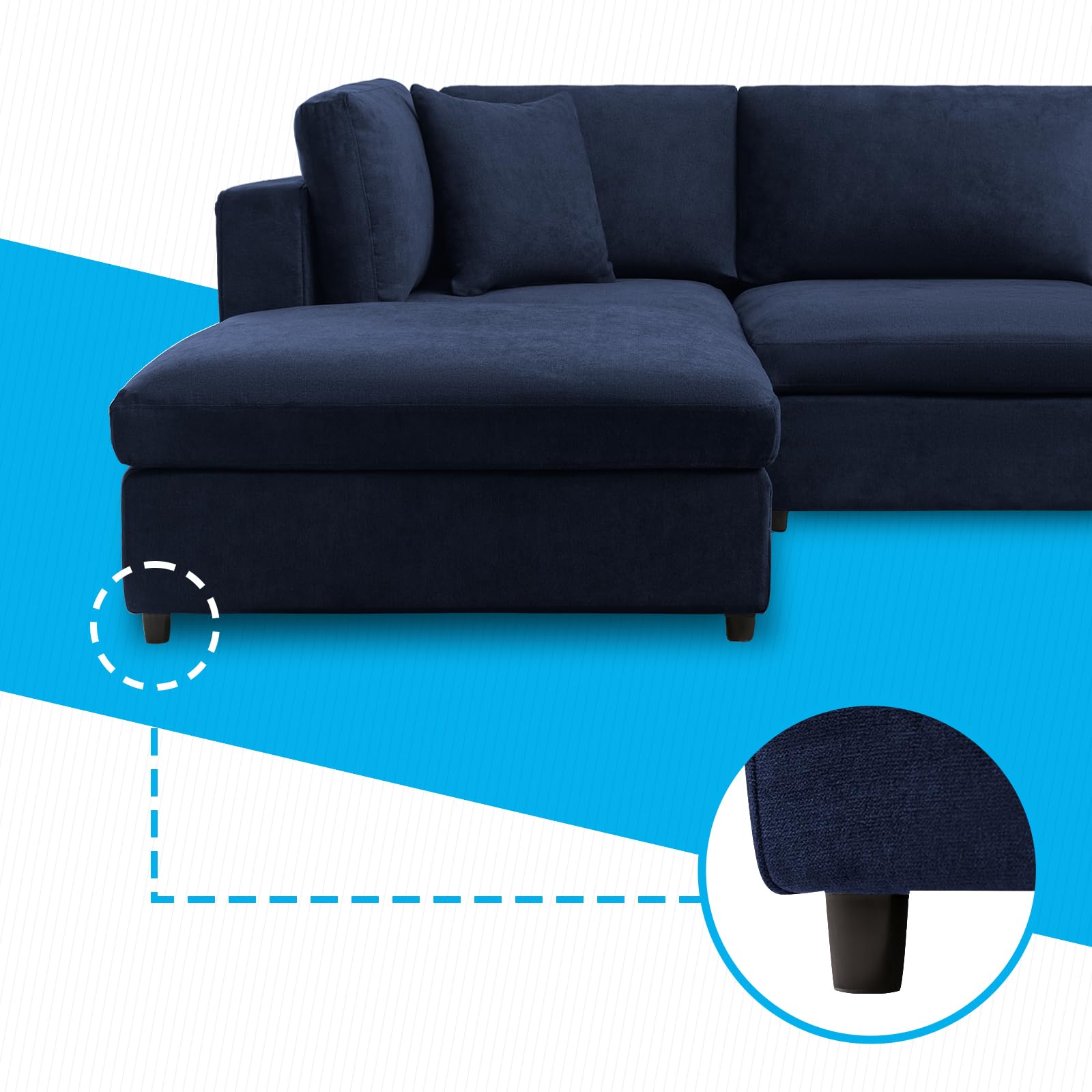 Mjkone 144'' Oversized U Shape Sectional Sofa Couch with Reversible Ottoman. 6 Pieces Modular Sofa Couch with 2 Free Cushions. Free Combination, Living Room Furniture, Deep Blue