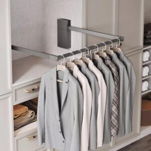 Pull Down Closet Rod for Hanging Clothes, Retractable Wardrobe Hanger for Cabinet Inside Width 26"~35", Aluminium alloy Tubing with Plastic Housing, 44 lb Weight Rating