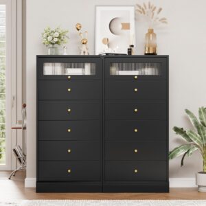 FINETONES 6 Drawer Dresser Black Dresser, 51'' Tall Black Dresser Black and Gold Dresser with Exquisite Glass Door, Modern Dresser Gold Dresser, Thickened Board Sturdy Dresser for Home