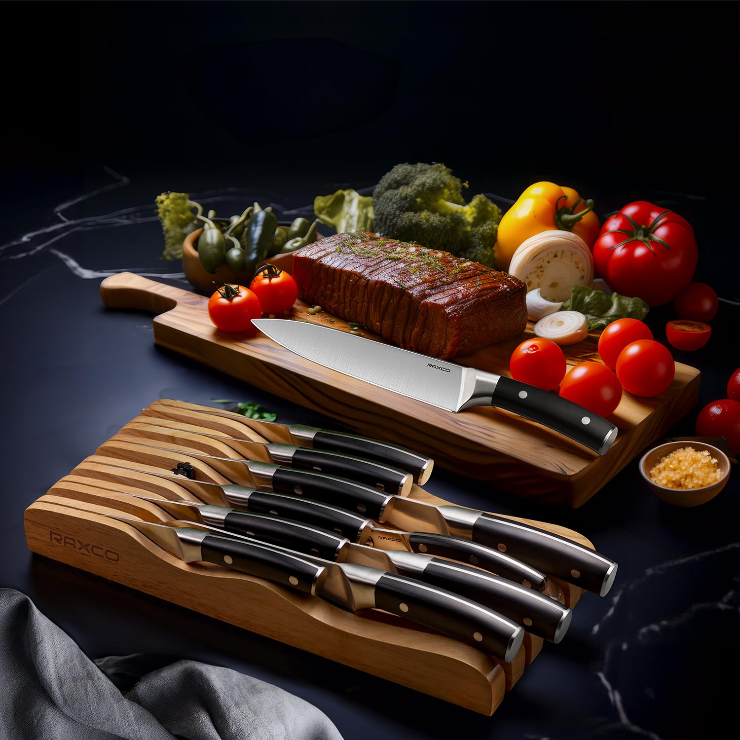 RAXCO Knives Set For Kitchen,13Pieces Kitchen Knife Set-6 Kitchen Knives,4 Steak Knifes,Drawer Knife Set With Built-in Sharpener