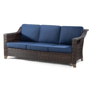 Gardenbee Patio Couch, All Weather Outdoor Rattan Wicker 3-Seat Sofa High Back Couch with Premium Cushions for Garden Backyard Porch(Brown/Navy)