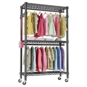 maiproo mini clothing rack heavy duty clothes rack with wheels 3 tiers wire shelving adjustable with double rods and side hooks rolling clothing racks for hanging clothes coat rack freestanding