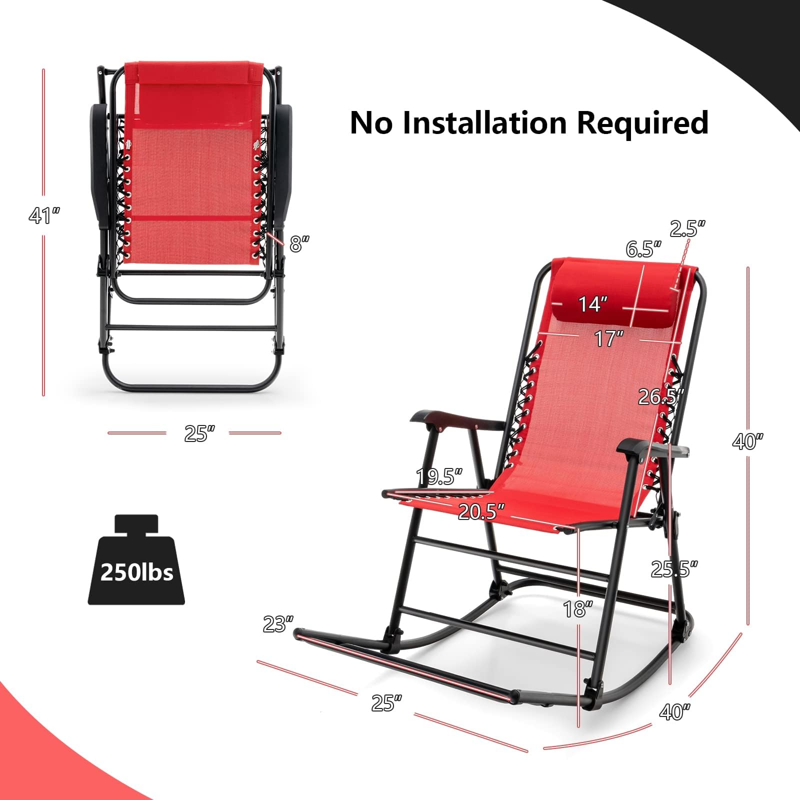 HAPPYGRILL Foldable Rocking Chair Zero Gravity Lounge Rocker with Headrest, Outdoor Portable Rocker for Porch Garden Poolside and Backyard