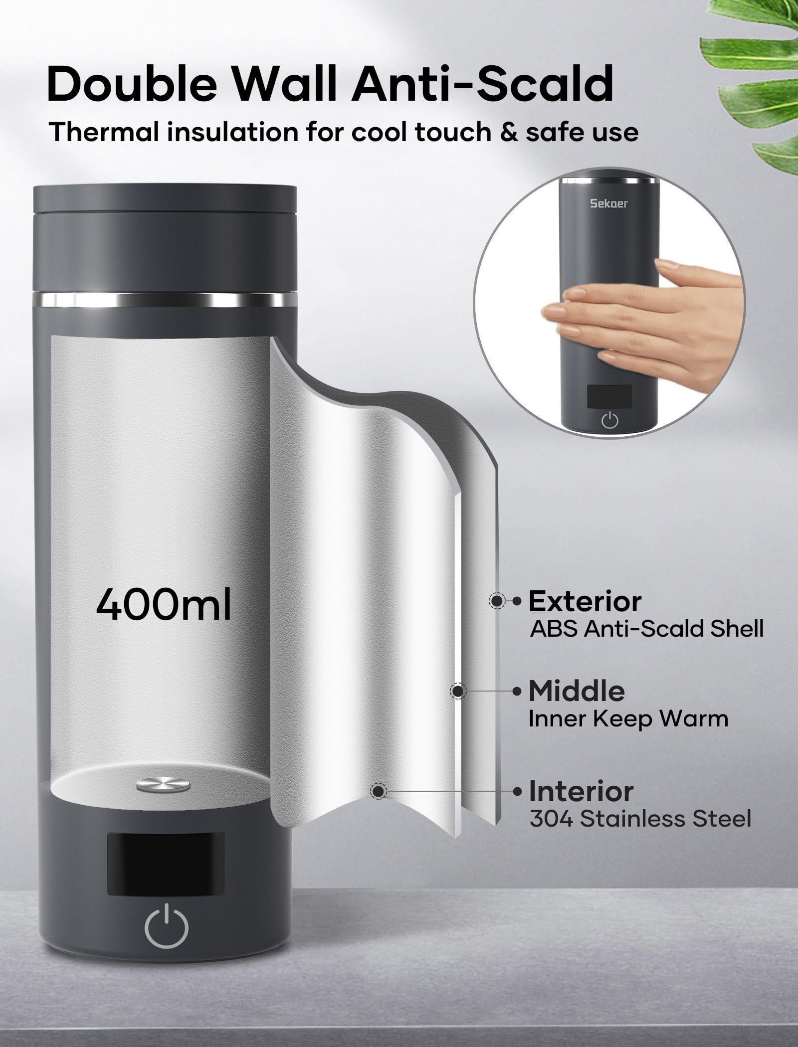 Sekaer Travel Portable Electric Kettle, Small Tea Kettle Coffee Mini Hot Water Boiler, 400mL & 304 Stainless Steel, with 4 Variable Presets and Auto Shut-Off SKE-840G