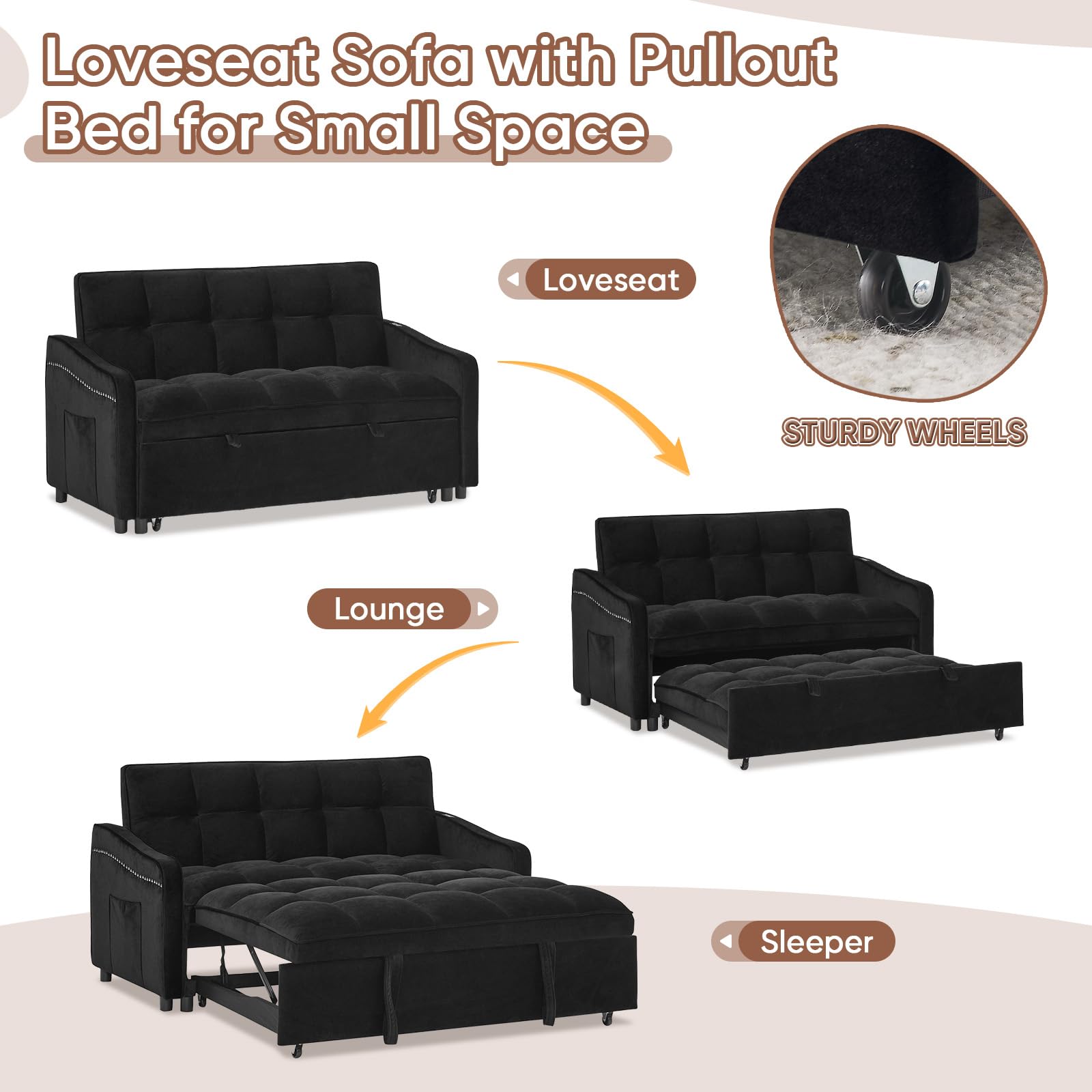 3 in 1 Sleeper Sofa Couch Bed with USB & Type C Port, 52" Small Modern Convertible Tufted Velvet Loveseat Sofa w/Pull Out Bed for Living Room Small Space Apartment, Black