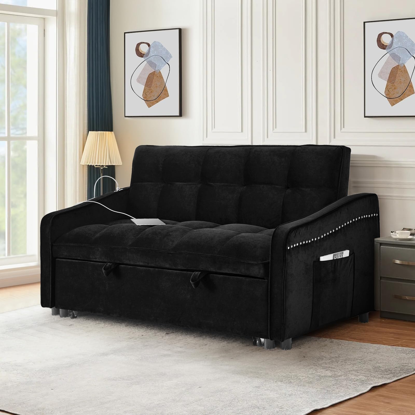 3 in 1 Sleeper Sofa Couch Bed with USB & Type C Port, 52" Small Modern Convertible Tufted Velvet Loveseat Sofa w/Pull Out Bed for Living Room Small Space Apartment, Black