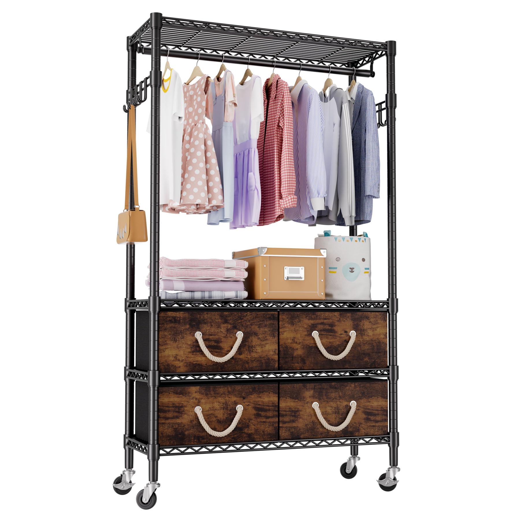 Maiproo Clothes Rack with Drawers Rolling Heavy Duty Clothing Racks for Hanging Clothes Garment Rack with 4 Fabric Drawers Adjustable with Double Side Hooks Wardrobe Closet Portable Storage Black