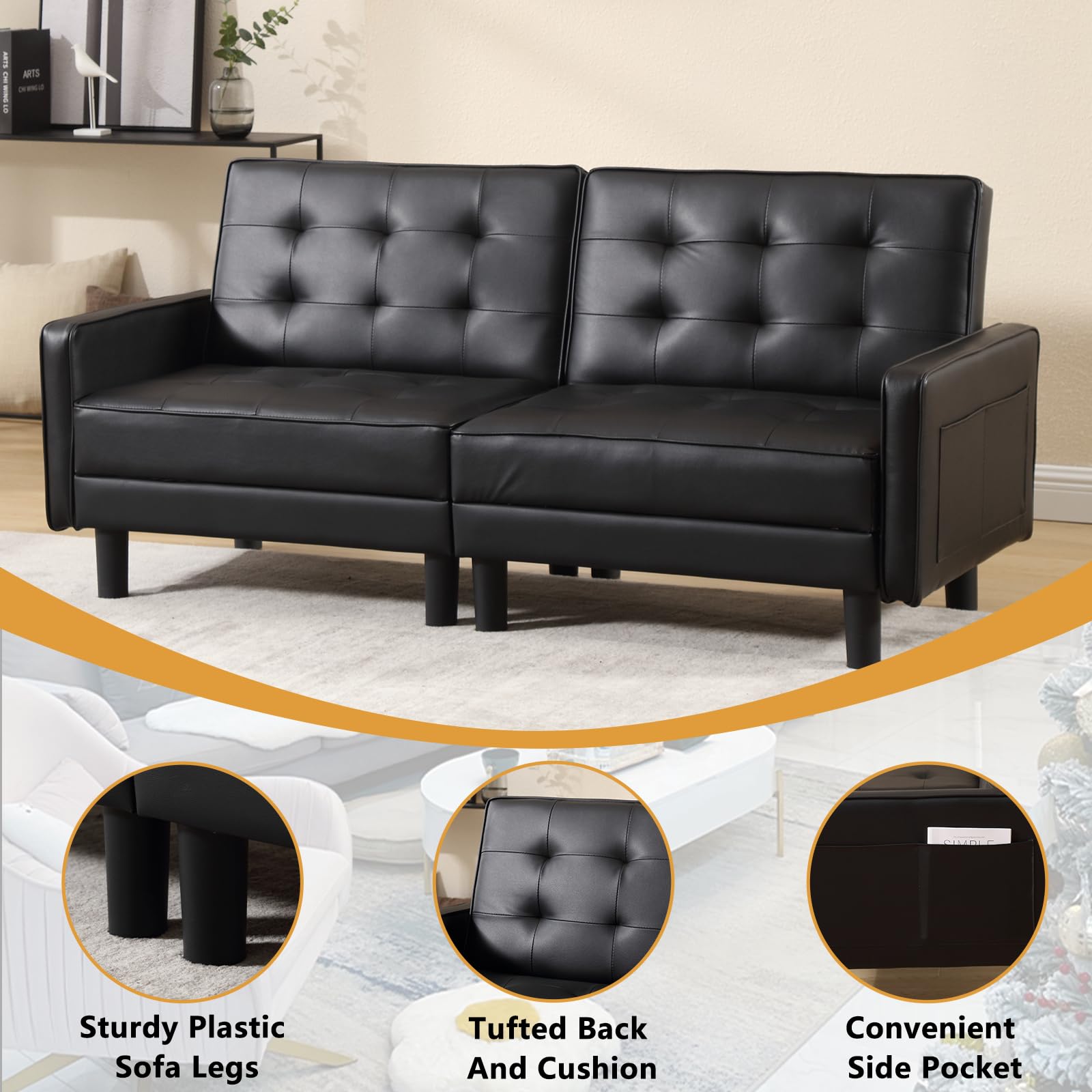 Houjud Futon Sofa Bed, Convertible Sleeper Sofa Modern Faux Leather Living Room Couch with Adjustable Backrests Loveseat Sofa Bed with Side Pockets for Studio, Office, Apartment (Black)