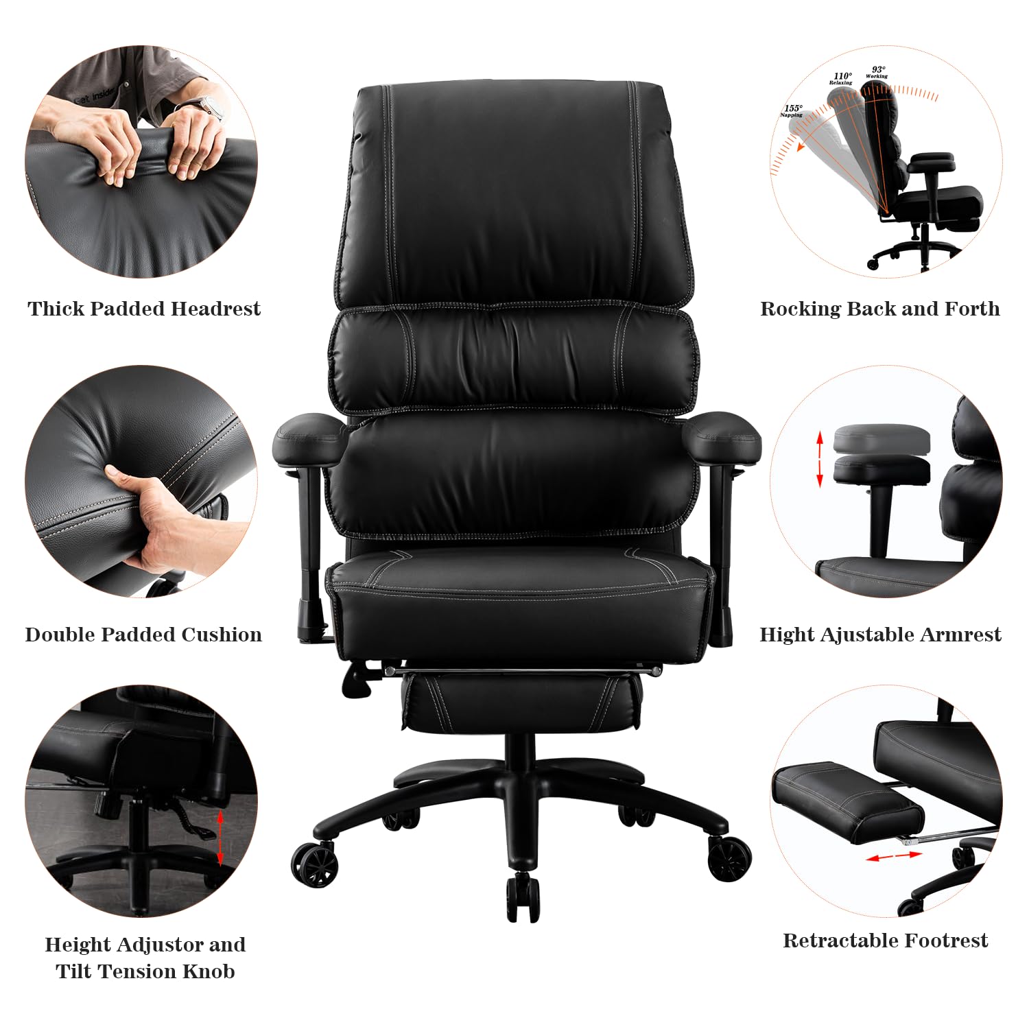 MO MAEK Office Chair, Big High Back PU Leather Chair, Executive Office Chair, Ergonomic Office Chair with Foot Rest, Office Chair 400LBS, Black Office Chair