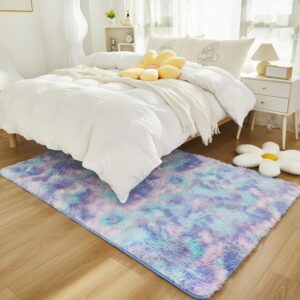 SUCSES Pink Rainbow Area Rugs for Bedroom Living Room, Plush Shaggy Tie Dye Fluffy Carpet, Colorful Pastel Ombre Furry Rug for Kids Teens Girls (3ft x 5ft, Pink)