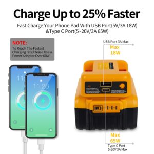 Battery Adapter Compatible with Dewalt 18V/20V Battery Adaptor with USB Charger & Type-C PD Power Source Charger for 20v 18V MAX Lithium Battery（Adapter Only）