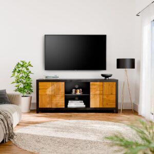 Bme Solid Wood Fluted TV Stand, Fully Assembled TV Media Console, Craft to Last Entertainment Center with Soft Close Door & Adjustable Storage Space, Spacious & Unique Entertainment Stand