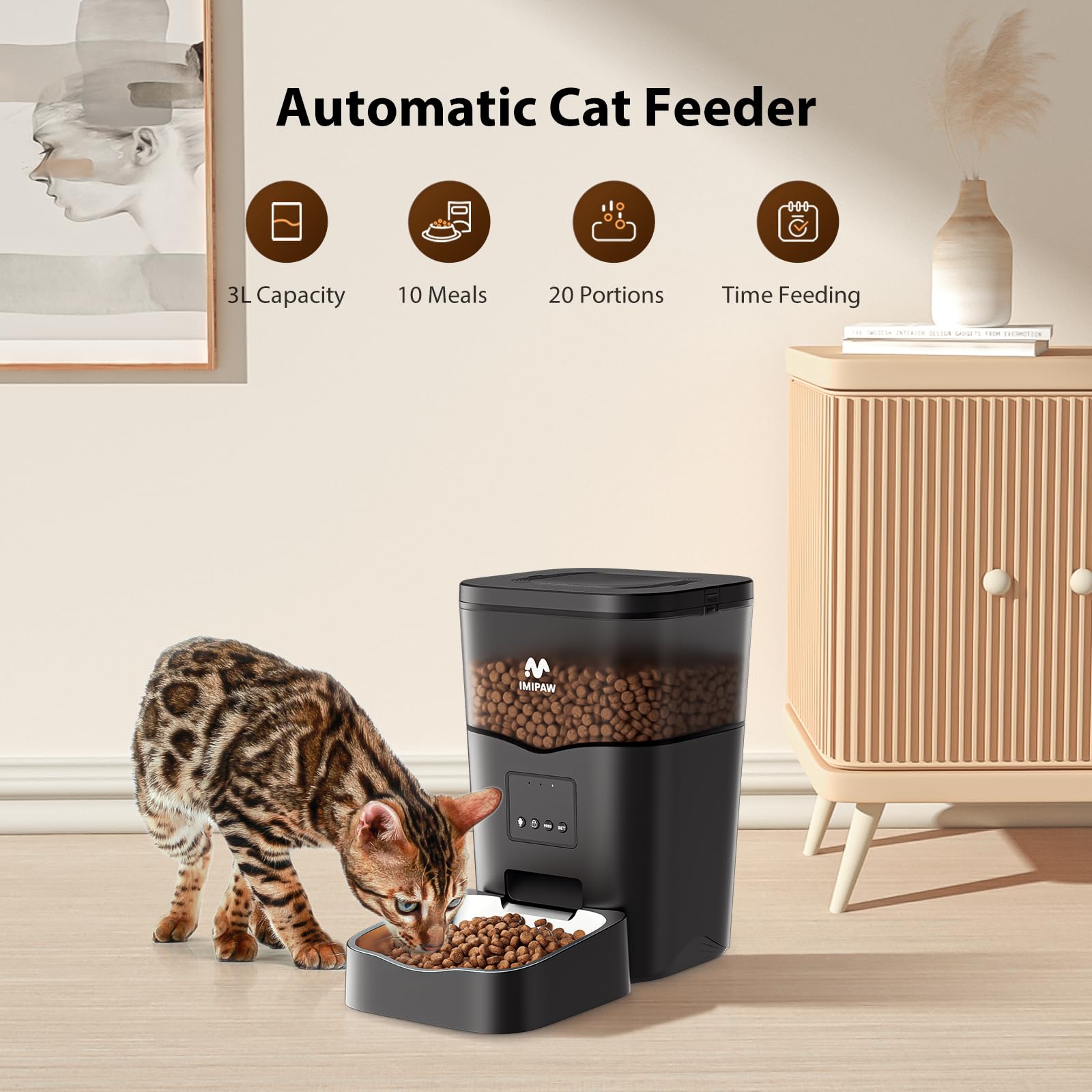 Automatic Cat Feeder WiFi: Automatic Cat Food Dispenser App Remote Control Timed Feeding of Dry Pet Food 10s Voice Recorder Programmable Food Dispenser for Cat & Small Dog Up to1-10 Meals Black