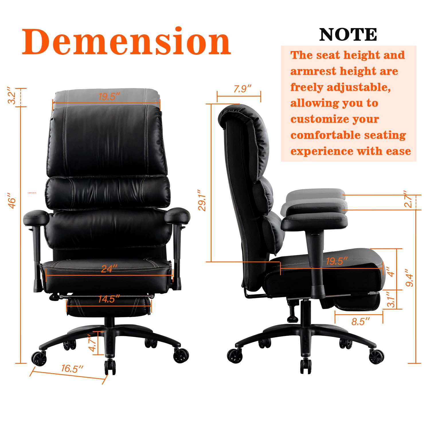 MO MAEK Office Chair, Big High Back PU Leather Chair, Executive Office Chair, Ergonomic Office Chair with Foot Rest, Office Chair 400LBS, Black Office Chair