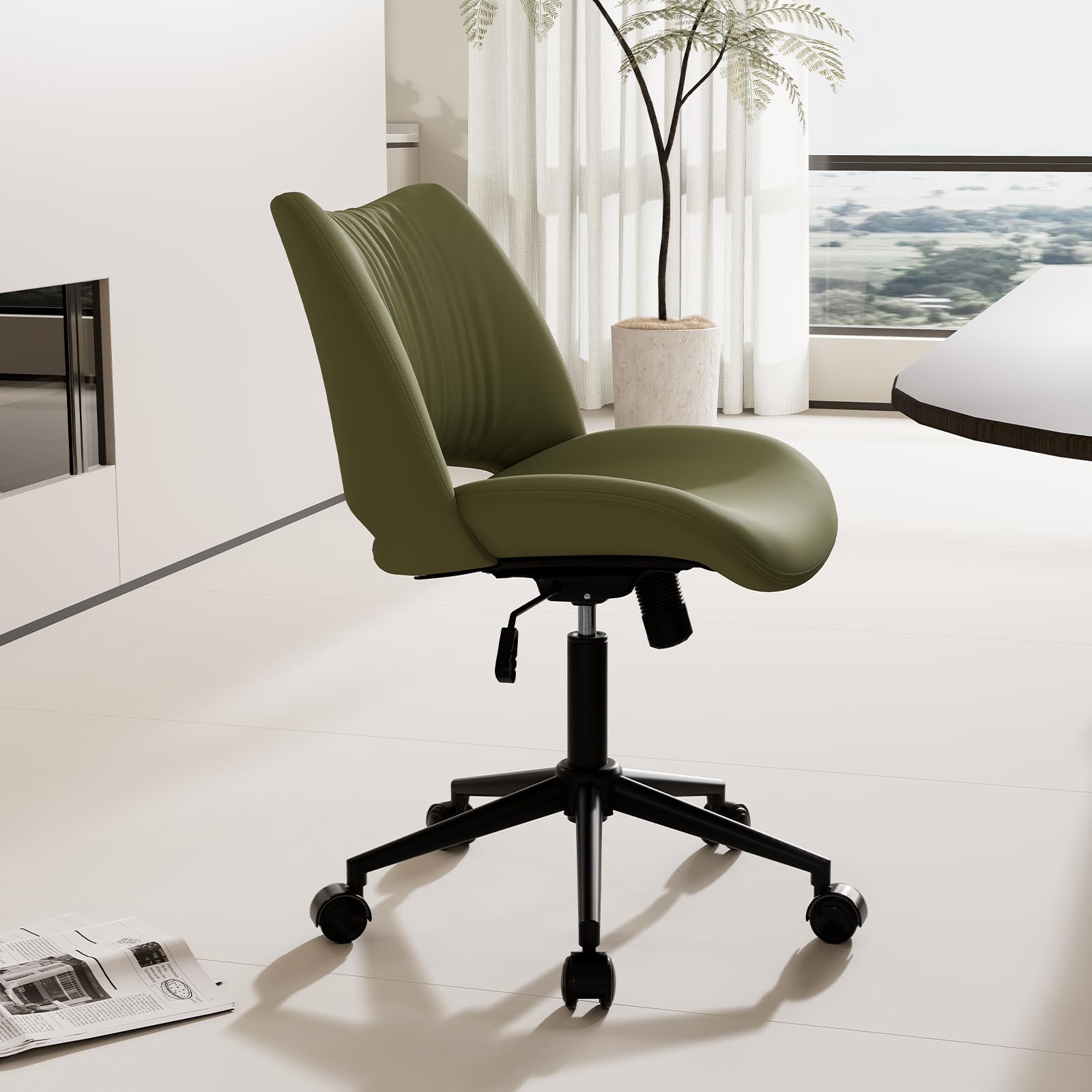 YOUTASTE Home Desk Chair Ergonomic Office Chair Armless Rolling Task Chair Leather Computer Chair of Height Adjustable and Thicked Padded Avocado Green