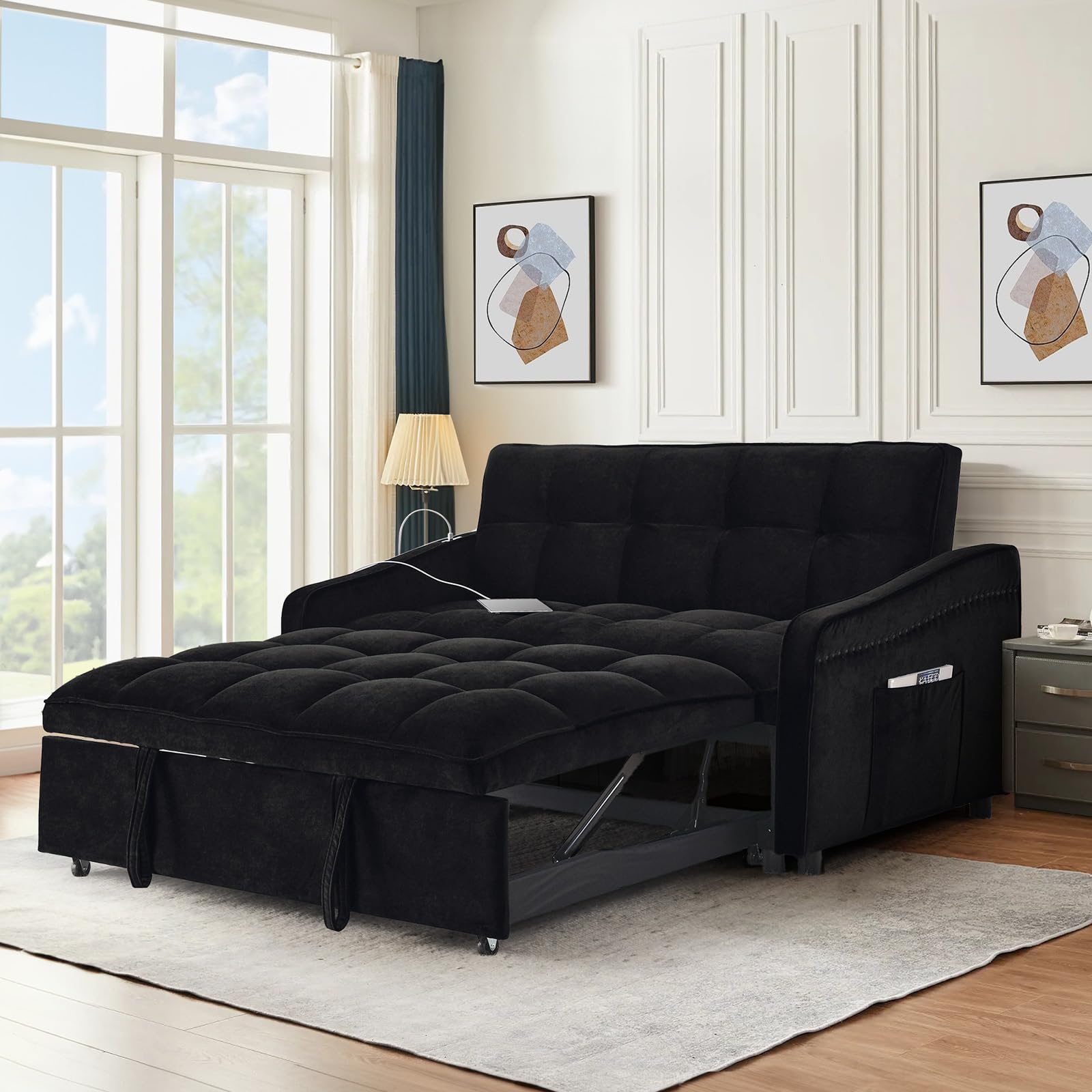 3 in 1 Sleeper Sofa Couch Bed with USB & Type C Port, 52" Small Modern Convertible Tufted Velvet Loveseat Sofa w/Pull Out Bed for Living Room Small Space Apartment, Black