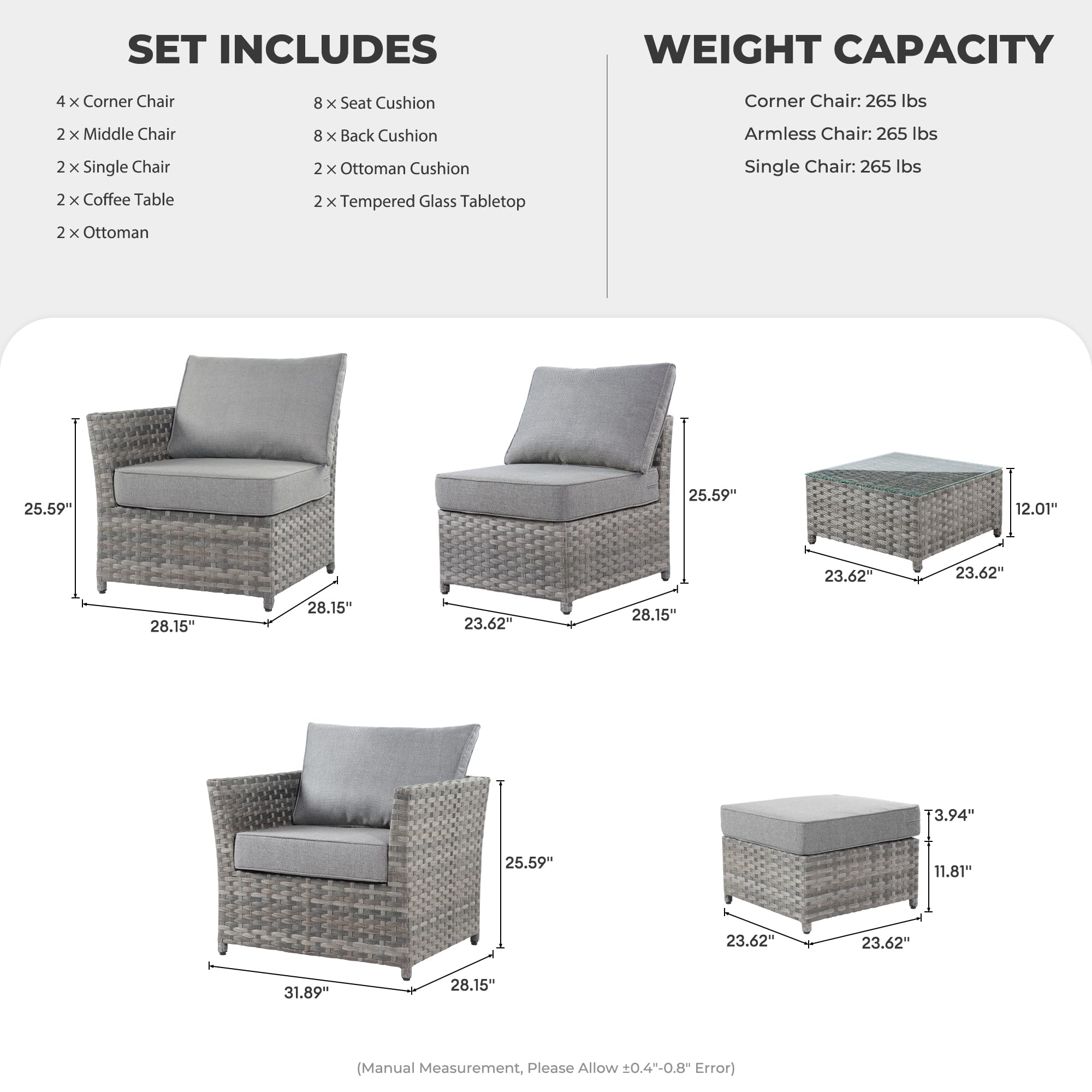 CAODOC 12 Pieces Outdoor Furniture Patio Sectional Sofa Couch Gray PE Wicker Conversation Sets with Ottomans Glass Coffee Table for Garden Poolside Backyard