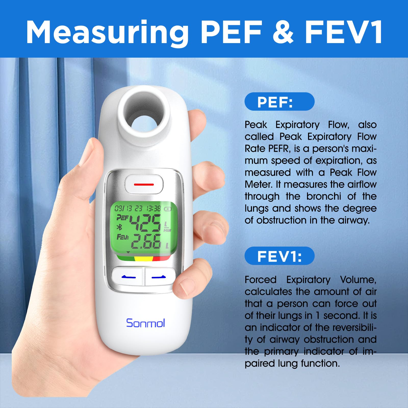 Peak Flow Meter，Portable Peak Flow Meter Test PEF & FEV1 for Kids Adults Asthma COPD & Other Lung Conditions Monitor, Tracking App Bluetooth Connection with 300 Records Storage Function