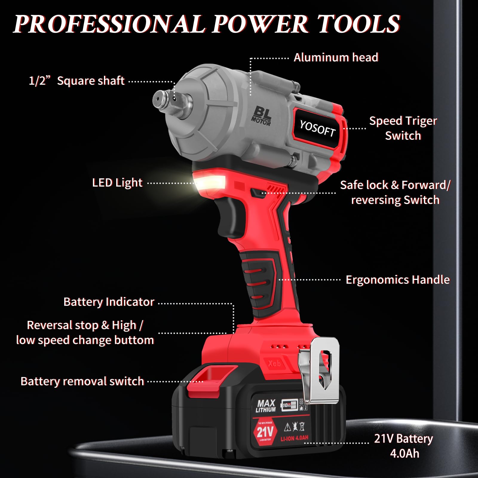 YOSOFT 1000N.m(740ft-lbs) Cordless Impact Wrench,1/2" High Torque Impact Gun,21V Brushless Electric Impact Wrench with 2 * 4.0Ah Battery,5 Sockets Fast Charger,Power Impact Wrench for Car Home