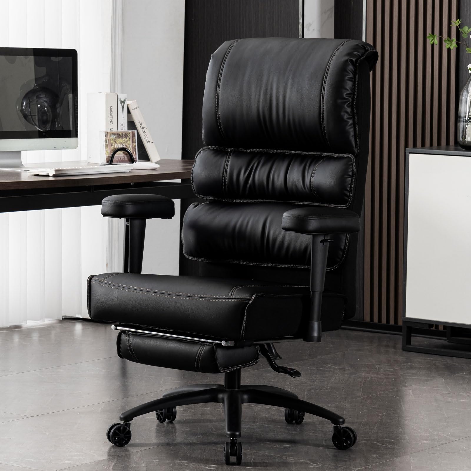 MO MAEK Office Chair, Big High Back PU Leather Chair, Executive Office Chair, Ergonomic Office Chair with Foot Rest, Office Chair 400LBS, Black Office Chair