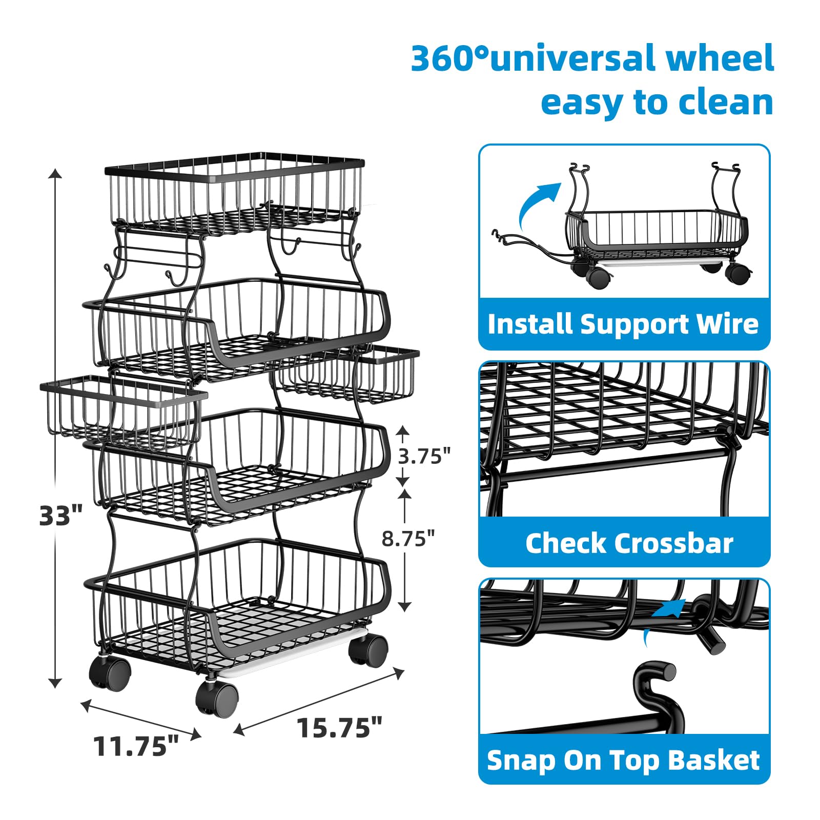 Simple Trending 4 Tier Rolling Cart, Stackable Fruit Vegetable Basket with Wheels and 2 Hanging Basket, Kitchen Storage Metal Wire Basket Stand for Vegetable Bread Snacks, Black