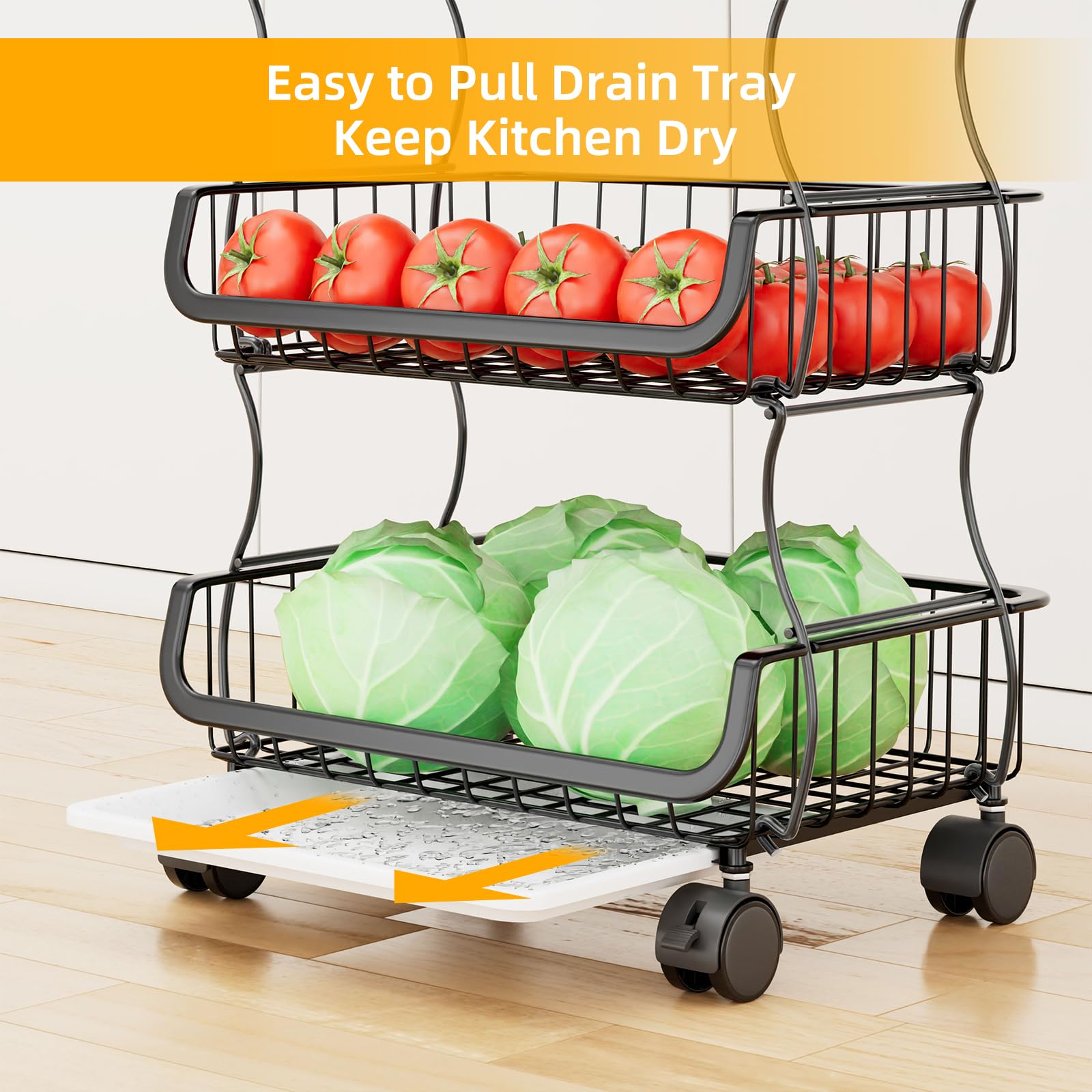 Simple Trending 4 Tier Rolling Cart, Stackable Fruit Vegetable Basket with Wheels and 2 Hanging Basket, Kitchen Storage Metal Wire Basket Stand for Vegetable Bread Snacks, Black