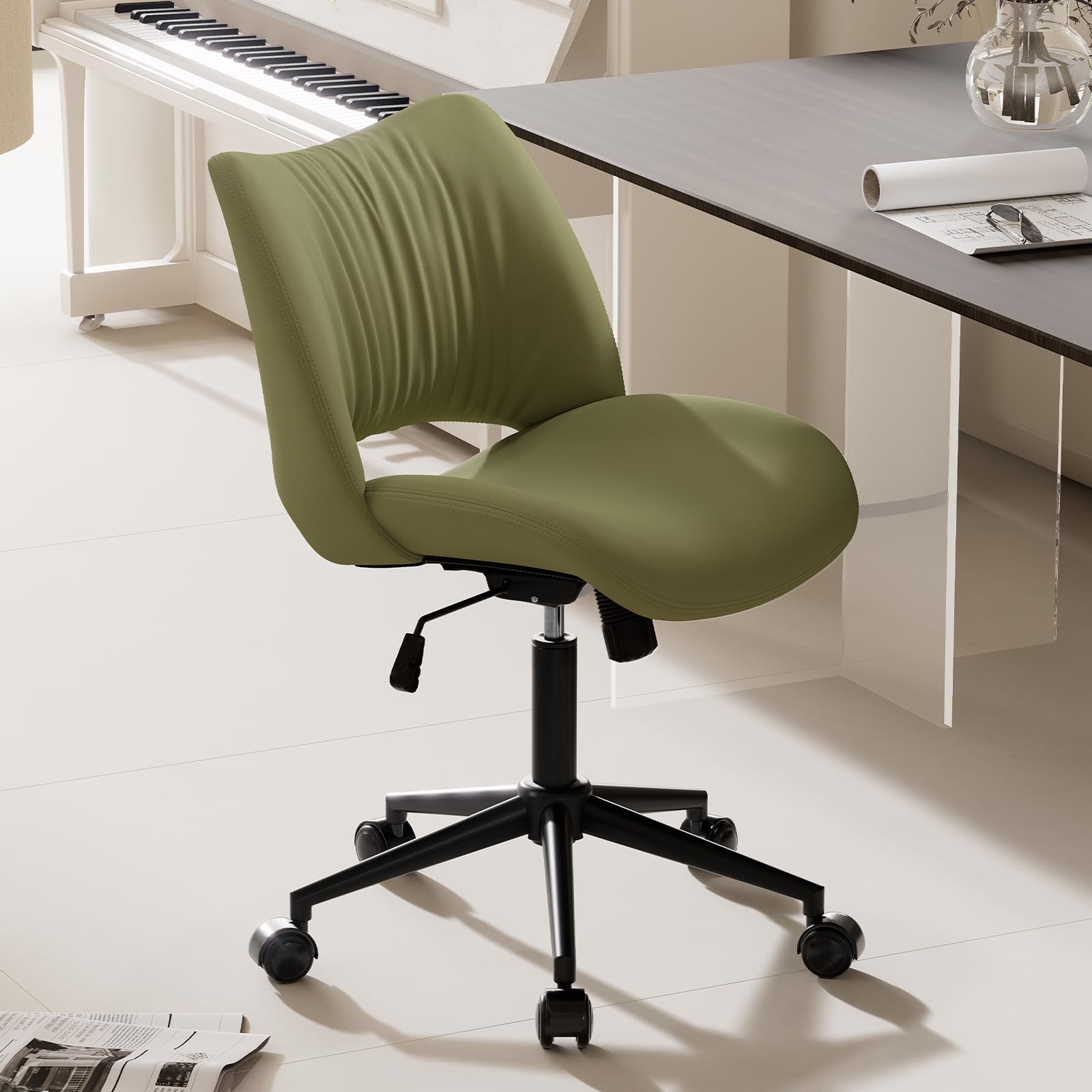 YOUTASTE Home Desk Chair Ergonomic Office Chair Armless Rolling Task Chair Leather Computer Chair of Height Adjustable and Thicked Padded Avocado Green