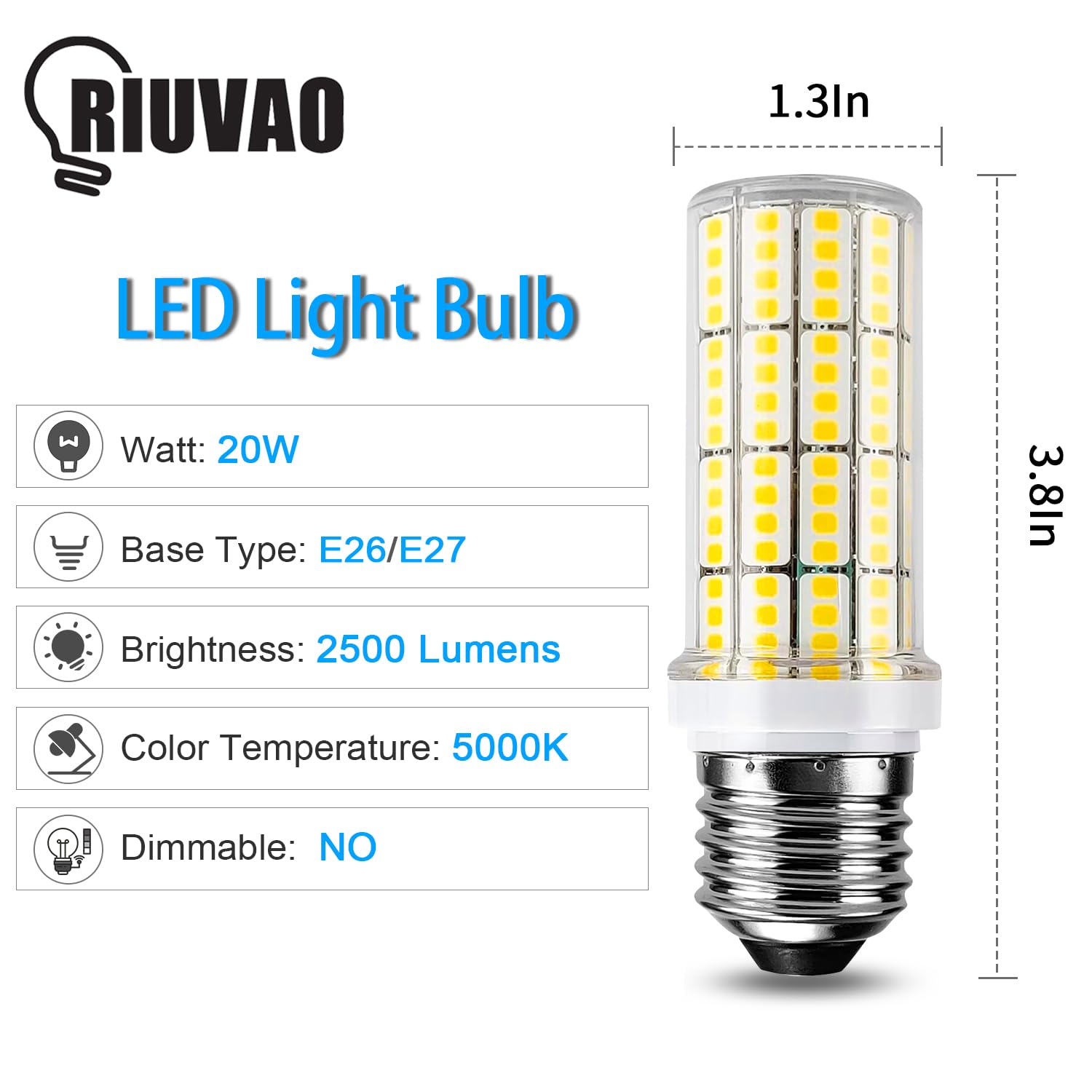 RIUVAO LED Light Bulb 200W Equivalent 2500 Lumen Super Bright 5000K Daylight White 20W Led Bulb E26/E27 Medium Base for Home Garage Warehouse Indoor Outdoor Led Corn Light Bulb Pack of 6