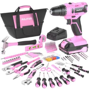 pulituo 20v cordless pink drill tool kit set power drill tool box with battery electric drill driver 238-piece lady's repairing kit toolbox tools sets