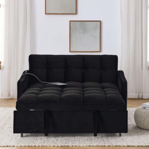 3 in 1 Sleeper Sofa Couch Bed with USB & Type C Port, 52" Small Modern Convertible Tufted Velvet Loveseat Sofa w/Pull Out Bed for Living Room Small Space Apartment, Black