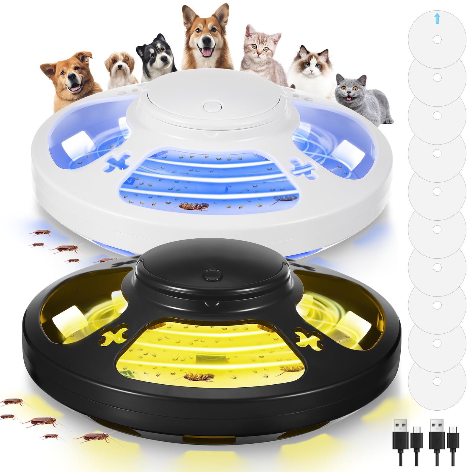 2024 New Flea Traps for Inside Your Home with Light and 10 Flea Trap Refill Discs, UV Flea Light Trap with 4 LED Light Modes Flea Killer Traps for Dogs Cats Attractant Catcher for Home(2 Pack)