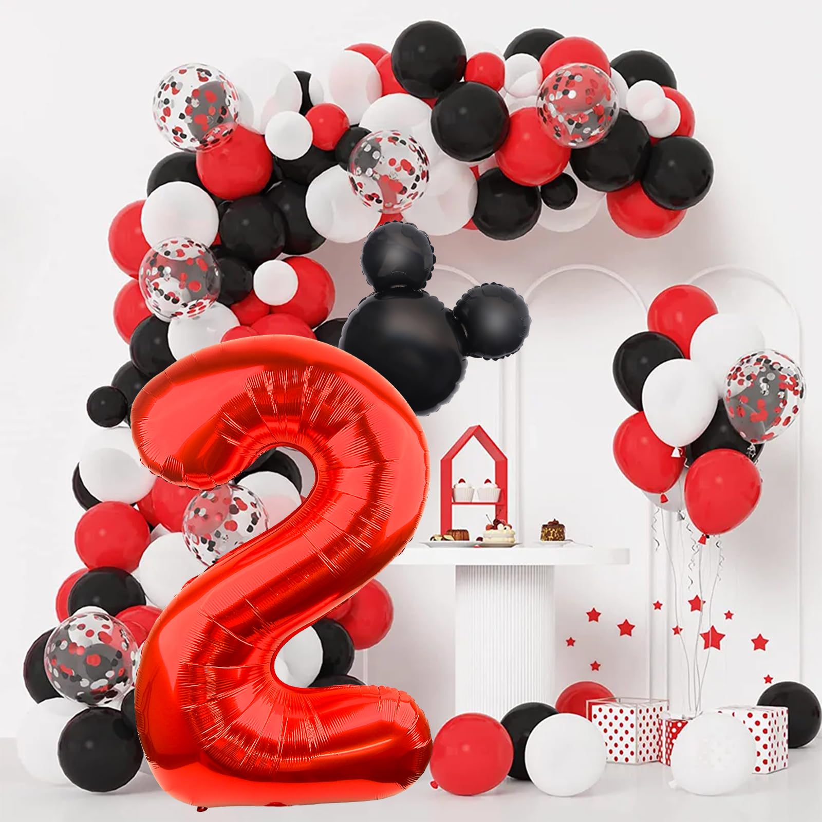 LEBERY Mouse Number 2 Balloon 40 Inch Red Number 2 Balloon Mini Mouse Head Balloon for 2nd Birthday Party, Black Red Large Number 2 Foil Balloon for Baby Shower Anniversary Supplies Decorations