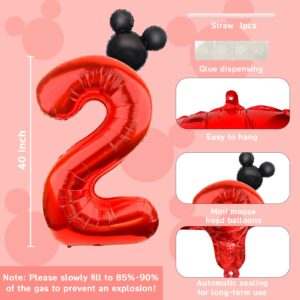 LEBERY Mouse Number 2 Balloon 40 Inch Red Number 2 Balloon Mini Mouse Head Balloon for 2nd Birthday Party, Black Red Large Number 2 Foil Balloon for Baby Shower Anniversary Supplies Decorations