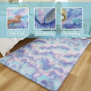 SUCSES Pink Rainbow Area Rugs for Bedroom Living Room, Plush Shaggy Tie Dye Fluffy Carpet, Colorful Pastel Ombre Furry Rug for Kids Teens Girls (3ft x 5ft, Pink)