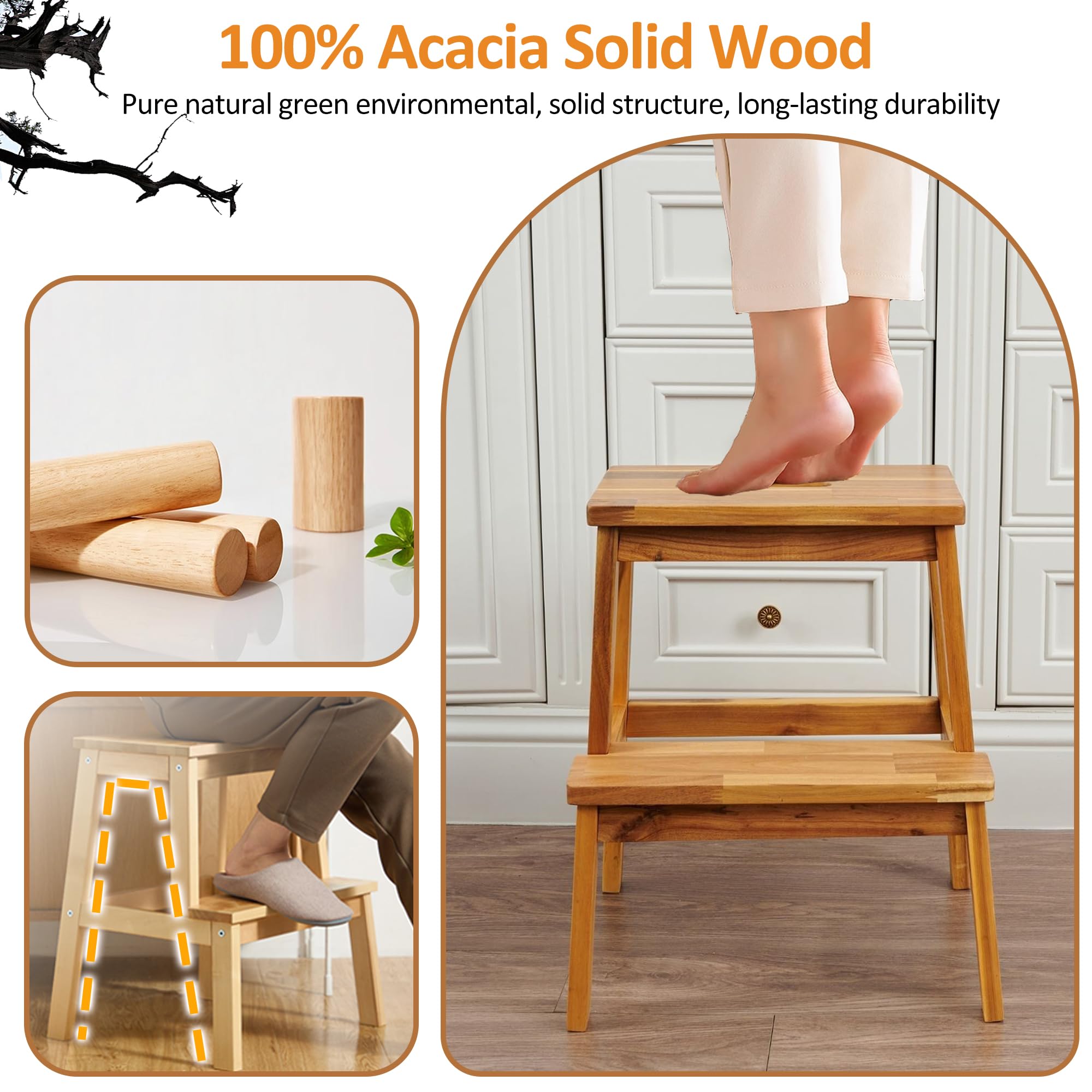 QKFF Step Stool for Adults and Kids, Acacia Wood 2-Step Stool with Anti-Slip Wider for Bedside, Kitchen Step Helper, Bathroom Bedroom Nightstand