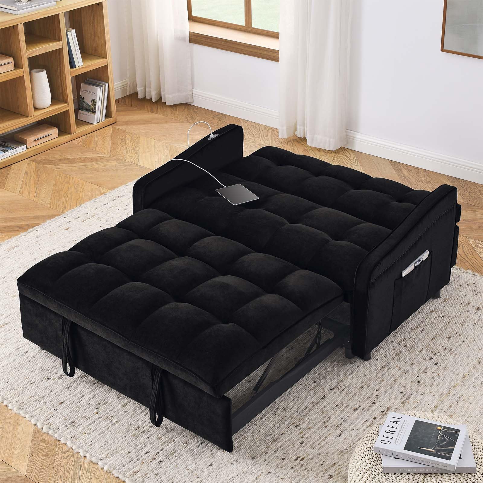 3 in 1 Sleeper Sofa Couch Bed with USB & Type C Port, 52" Small Modern Convertible Tufted Velvet Loveseat Sofa w/Pull Out Bed for Living Room Small Space Apartment, Black