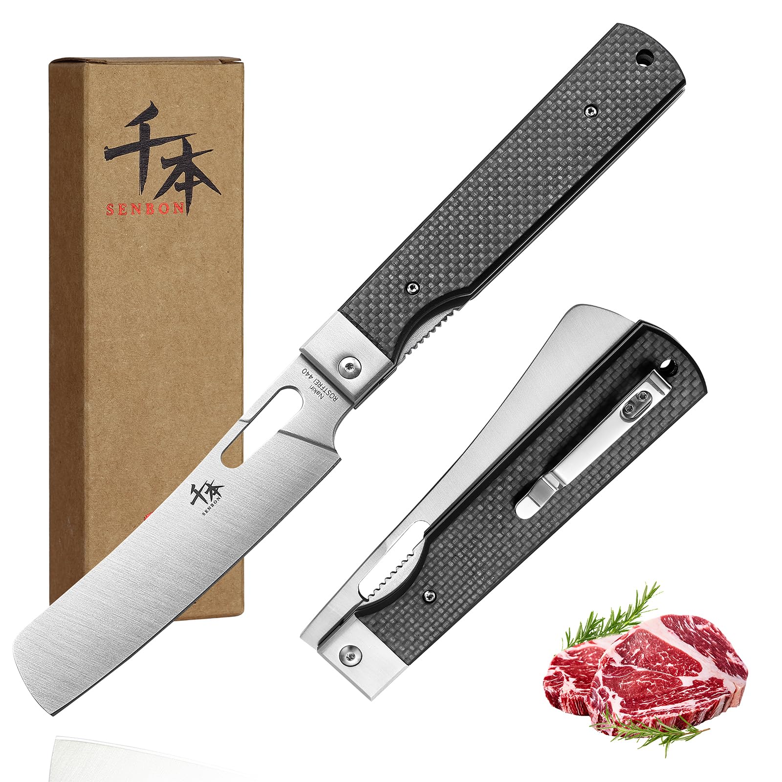 SENBON 440 Stainless Steel Sharp Pocket Folding Chef Knife Peeling Utility Knife Fruit Knife Carbon Fiber Handle Camping Barbecue Outdoor Kitchen Knife with Back Clip