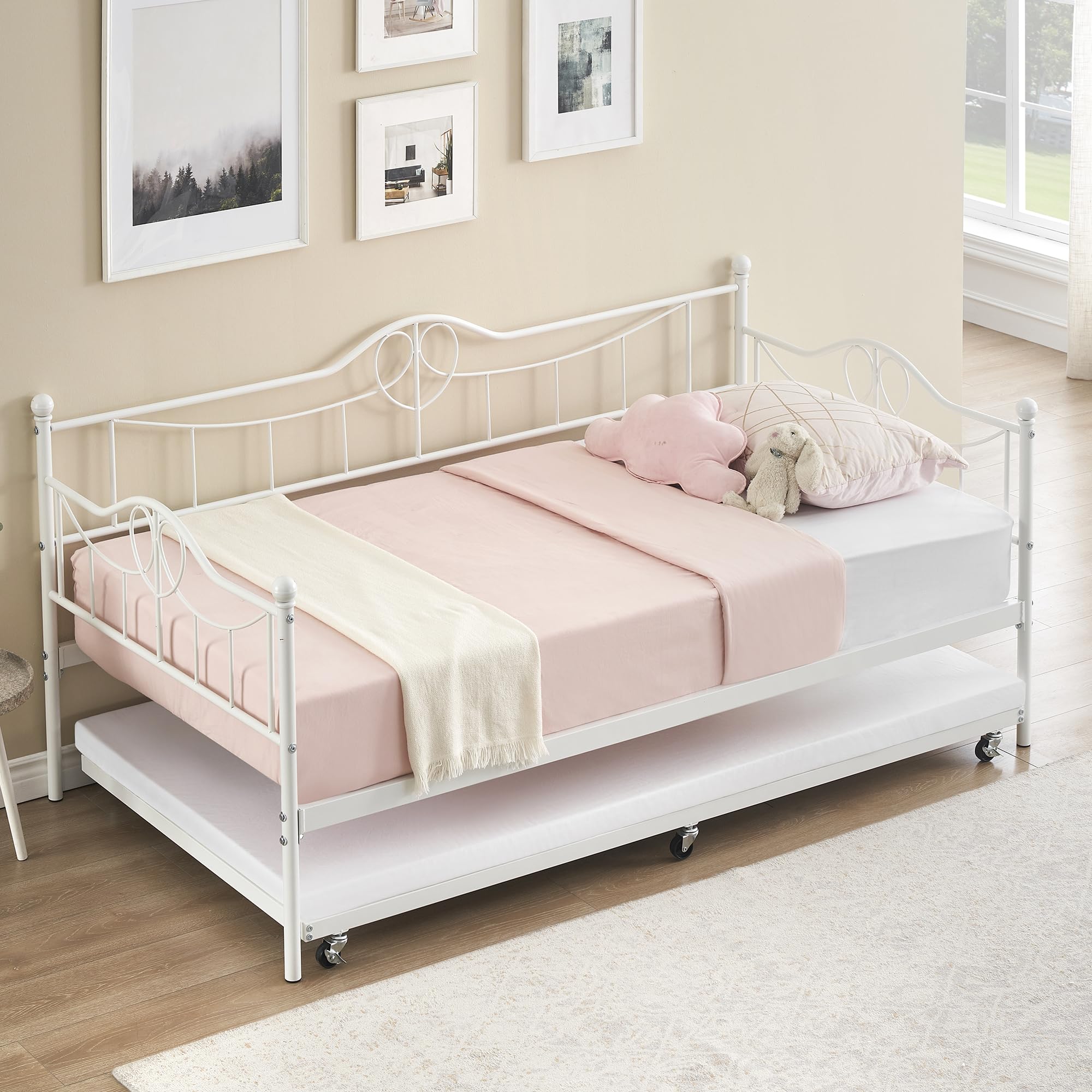 GAOMON Twin Day Bed with Trundle Bed Twin, Metal Daybed with Trundle, Daybed with Trundle Bed Frame, Steel Slat Support Sofa Bed for Kids Teens Adults, No Box Spring Needed, White