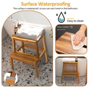 QKFF Step Stool for Adults and Kids, Acacia Wood 2-Step Stool with Anti-Slip Wider for Bedside, Kitchen Step Helper, Bathroom Bedroom Nightstand