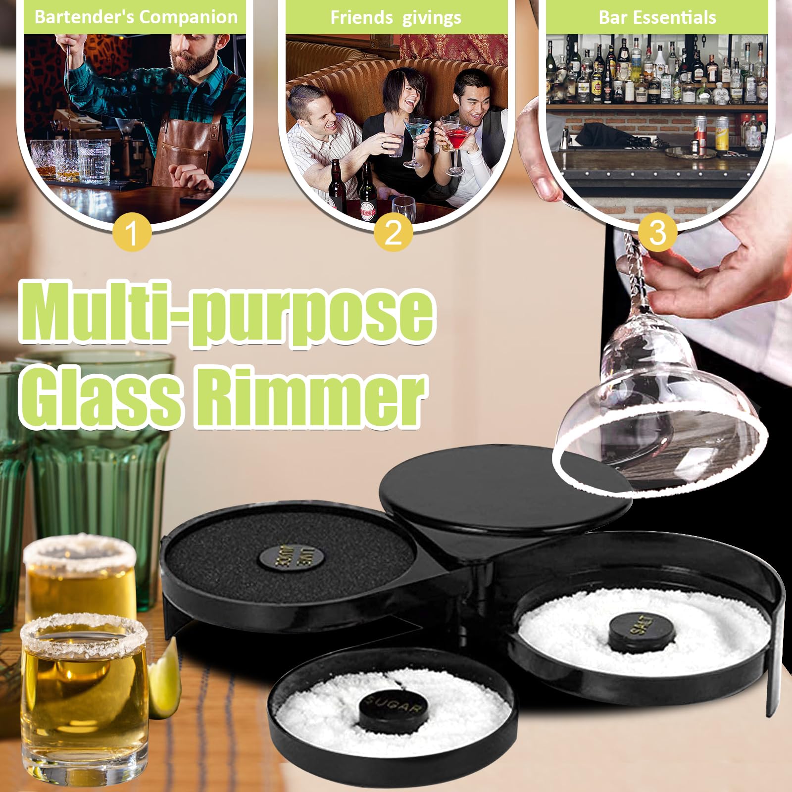 1 Pack 3 Tier Bar Glass Rimmer for Cocktail and Margarita Salt Rimmer Set with Sponge,Bar Accessories for The Home bar Set Plastic Bartender Tool for Margarita Salt,Black