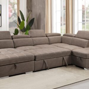 THSUPER 127'' Microfiber Oversized U-Shaped Sectional Sleeper Sofa Couch with Pullout Bed, 7 Seats Couch with Adjustable Headrests, Sofa with Storage Chaise and Ottoman for Living Room. Light Brown