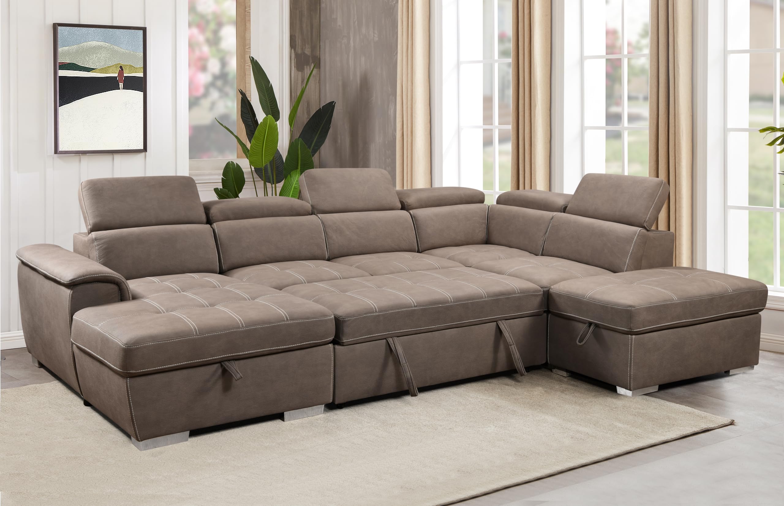 THSUPER 127'' Microfiber Oversized U-Shaped Sectional Sleeper Sofa Couch with Pullout Bed, 7 Seats Couch with Adjustable Headrests, Sofa with Storage Chaise and Ottoman for Living Room. Light Brown