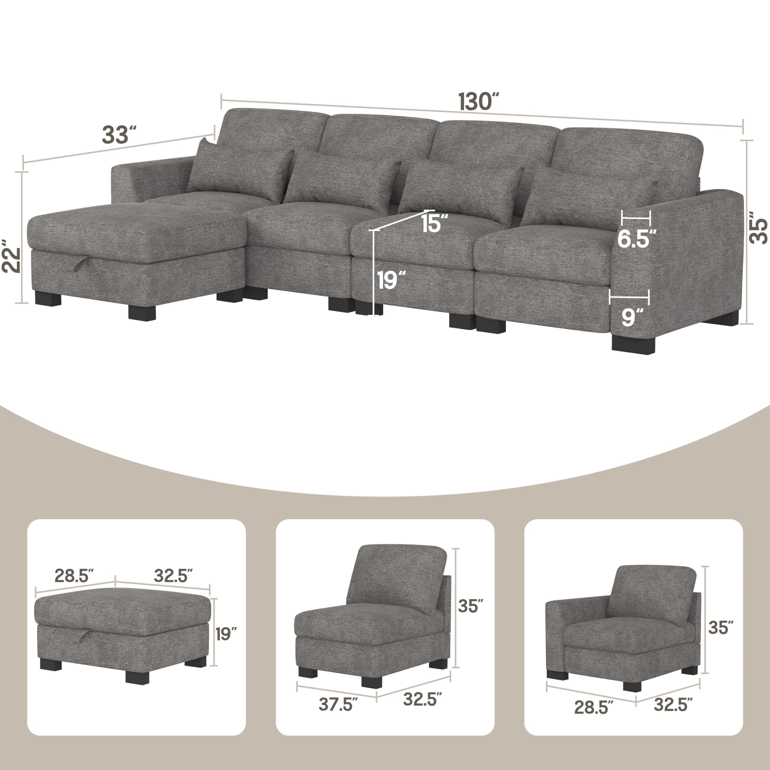 Lonkwa Modern Grey 130'' L-Shape Linen Sofa, 4 Seat Sectional Couch with 4 Pillow, Storage Ottomans, Convertible Sofa Bed for Living Room